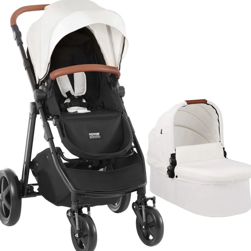 VEVOR Travel System Stroller with Infant Bassinet, 2-in-1 Baby Cradle Stroller Combo, Reversible Seat, Easy One-button Folding, EVA Tires with Brake Aluminum Stroller Carseat Combo Set (White)