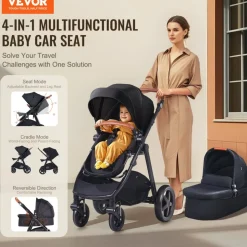 VEVOR Travel System Stroller with Infant Bassinet, 2-in-1 Baby Cradle Stroller Combo, Reversible Seat, Easy One-button Folding, EVA Tires with Brake Aluminum Stroller Carseat Combo Set (Black)