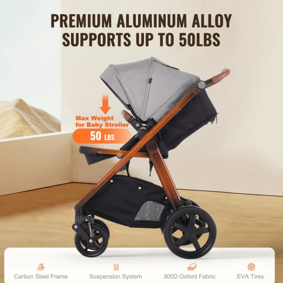 VEVOR Travel System Stroller with Infant Bassinet, 2-in-1 Baby Cradle Stroller Combo, Reversible Seat, Easy One-button Folding, EVA Tires with Brake Aluminum Stroller Carseat Combo Set (Dark Gray)