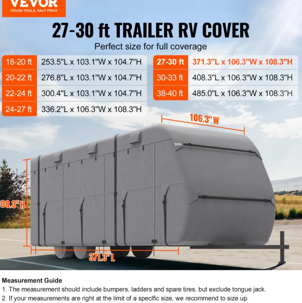 VEVOR Travel Trailer Cover, 27-30 ft RV Cover, 4-Layer Non-Woven Fabric Camper Cover, Waterproof, Windproof and Rip-Stop Class A RV Cover, with Storage Bag, Repair Patches, Straps and Tire Covers