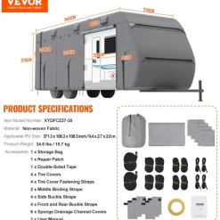 VEVOR Travel Trailer Cover, 27-30 ft RV Cover, 4-Layer Non-Woven Fabric Camper Cover, Waterproof, Windproof and Rip-Stop Class A RV Cover, with Storage Bag, Repair Patches, Straps and Tire Covers