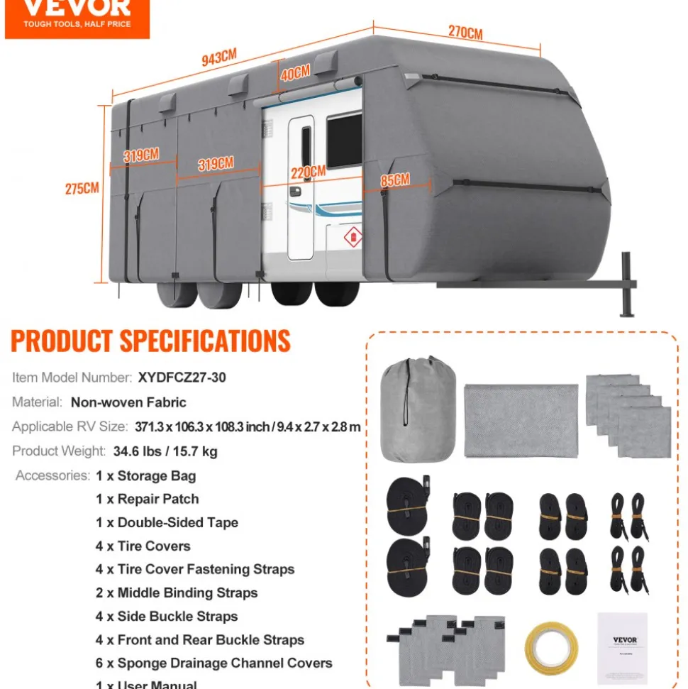 VEVOR Travel Trailer Cover, 27-30 ft RV Cover, 4-Layer Non-Woven Fabric Camper Cover, Waterproof, Windproof and Rip-Stop Class A RV Cover, with Storage Bag, Repair Patches, Straps and Tire Covers