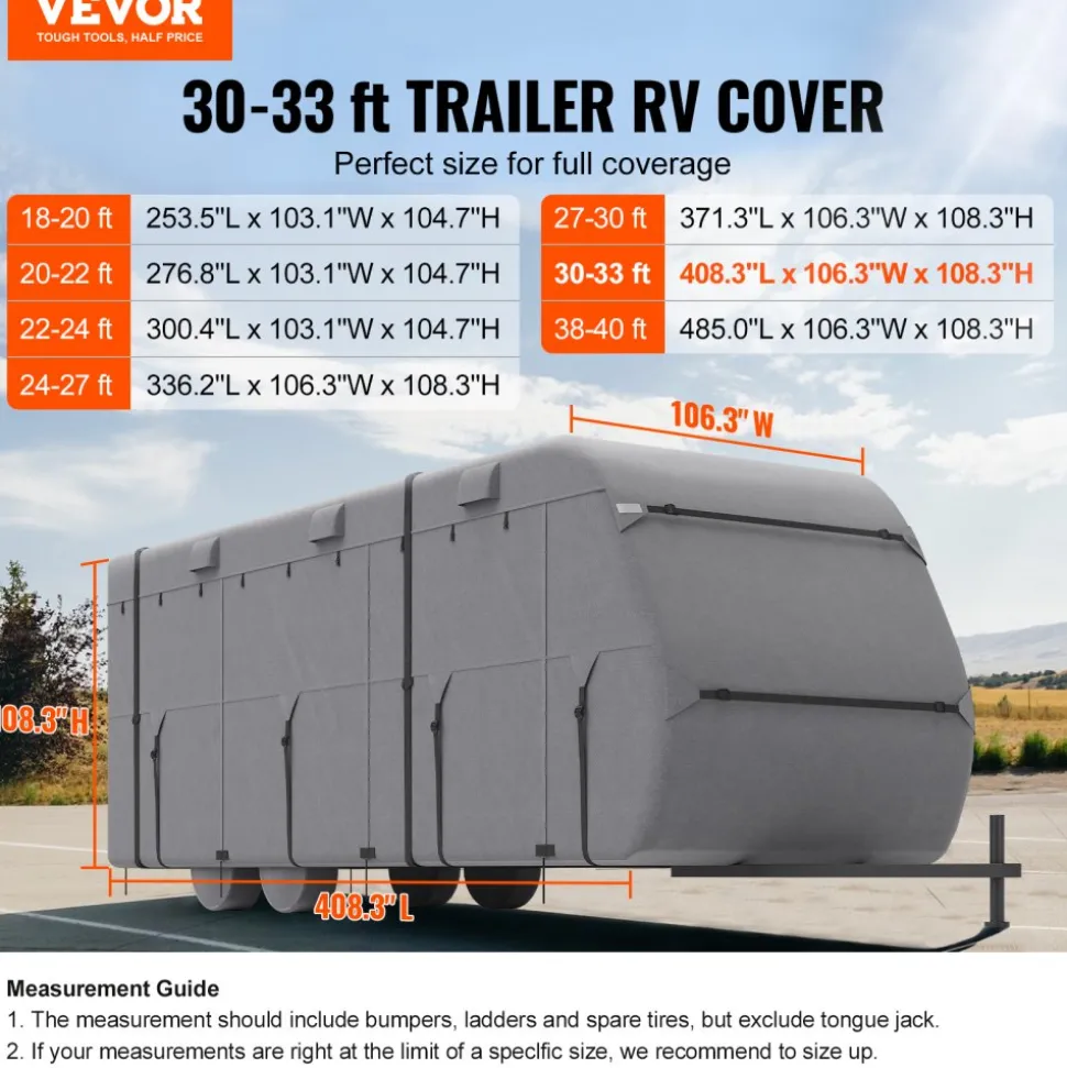 VEVOR Travel Trailer Cover, 20-22 ft RV Cover, 4-Layer Non-Woven Fabric Camper Cover, Waterproof, Windproof and Rip-Stop Class A RV Cover, with Storage Bag, Repair Patches, Straps and Tire Covers