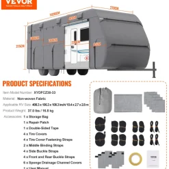 VEVOR Travel Trailer Cover, 20-22 ft RV Cover, 4-Layer Non-Woven Fabric Camper Cover, Waterproof, Windproof and Rip-Stop Class A RV Cover, with Storage Bag, Repair Patches, Straps and Tire Covers