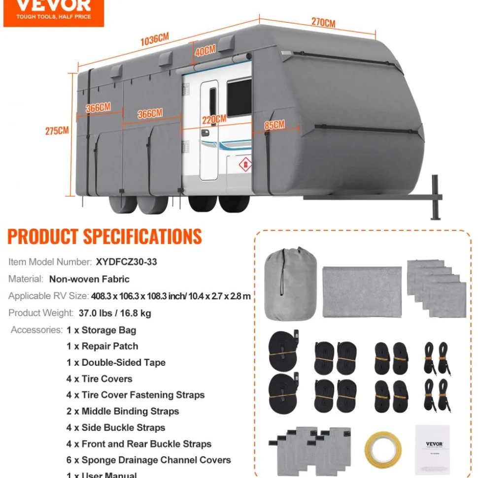 VEVOR Travel Trailer Cover, 20-22 ft RV Cover, 4-Layer Non-Woven Fabric Camper Cover, Waterproof, Windproof and Rip-Stop Class A RV Cover, with Storage Bag, Repair Patches, Straps and Tire Covers