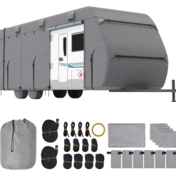 VEVOR Travel Trailer Cover, 20-22 ft RV Cover, 4-Layer Non-Woven Fabric Camper Cover, Waterproof, Windproof and Rip-Stop Class A RV Cover, with Storage Bag, Repair Patches, Straps and Tire Covers