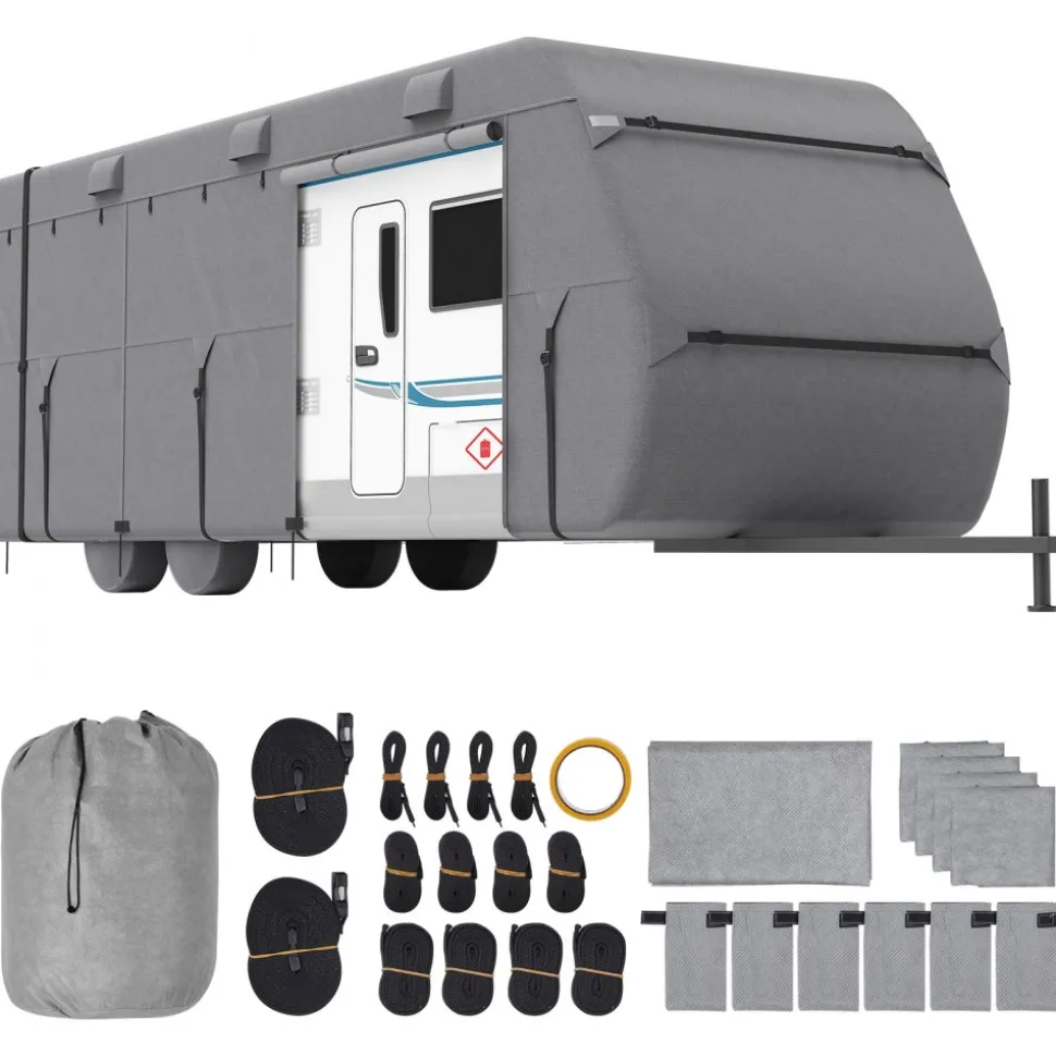 VEVOR Travel Trailer Cover, 20-22 ft RV Cover, 4-Layer Non-Woven Fabric Camper Cover, Waterproof, Windproof and Rip-Stop Class A RV Cover, with Storage Bag, Repair Patches, Straps and Tire Covers
