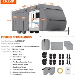 VEVOR Travel Trailer Cover, 24-27 ft RV Cover, 4-Layer Non-Woven Fabric Camper Cover, Waterproof, Windproof and Rip-Stop Class A RV Cover, with Storage Bag, Repair Patches, Straps and Tire Covers