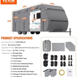 VEVOR Travel Trailer Cover, 18-20 ft RV Cover, 4-Layer Non-Woven Fabric Camper Cover, Waterproof, Windproof and Rip-Stop Class A RV Cover, with Storage Bag, Repair Patches, Straps and Tire Covers