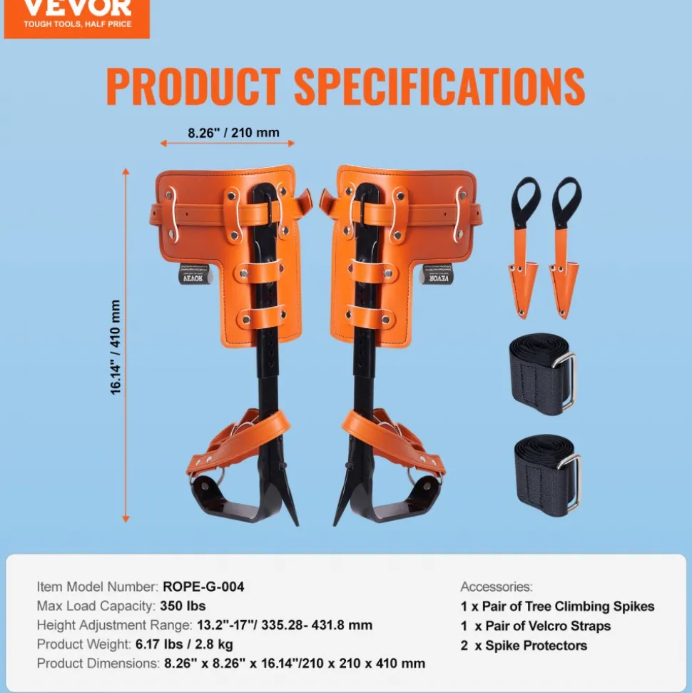 VEVOR Tree Climbing Spikes, 1 Pair Alloy Steel Climbing Spurs, 350lbs Load Capacity Tree Climbing Gear with Straps and Spike Protectors, Arborist Equipment for Climbers, Hunting, Fruit Picking, Orange