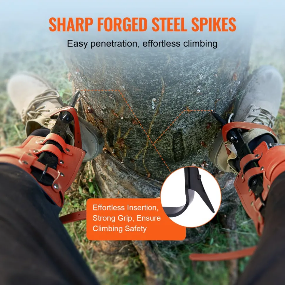 VEVOR Tree Climbing Spikes, 1 Pair Alloy Steel Climbing Spurs, 350lbs Load Capacity Tree Climbing Gear with Straps and Spike Protectors, Arborist Equipment for Climbers, Hunting, Fruit Picking, Orange