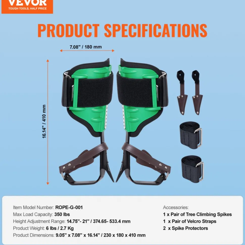 VEVOR Tree Climbing Spikes, 1 Pair Alloy Steel Climbing Spurs, 350lbs Load Capacity Tree Climbing Gear with Straps and Spike Protectors, Arborist Equipment for Climbers, Hunting, Fruit Picking, Green