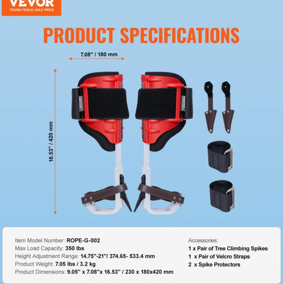 VEVOR Tree Climbing Spikes, 1 Pair Alloy Steel Climbing Spurs, 350lbs Load Capacity Tree Climbing Gear with Straps and Spike Protectors, Arborist Equipment for Climbers, Hunting, Fruit Picking, Brown