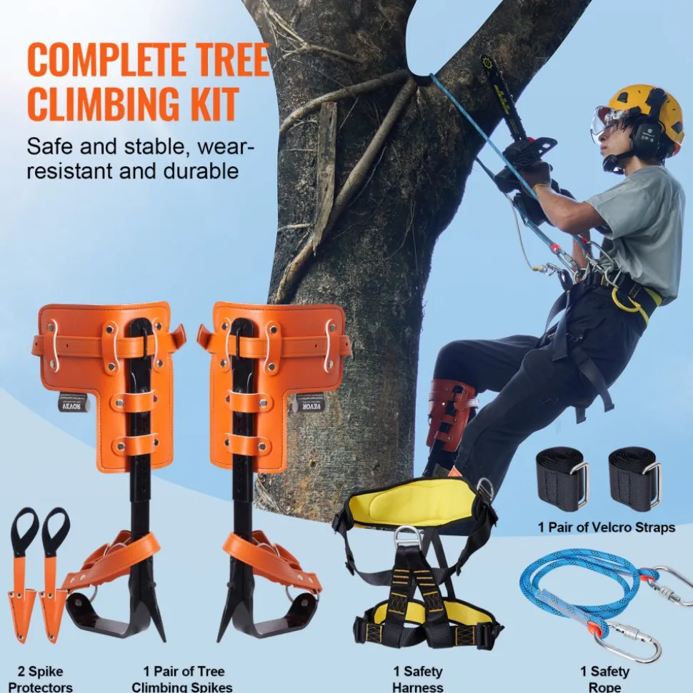 VEVOR Tree Climbing Spikes Set, 1 Pair Alloy Steel Climbing Spurs with Safety Rope and Safety Harness, 350lbs Load Capacity Tree Climbing Gear, Arborist Equipment for Climbers, Fruit Picking, Orange
