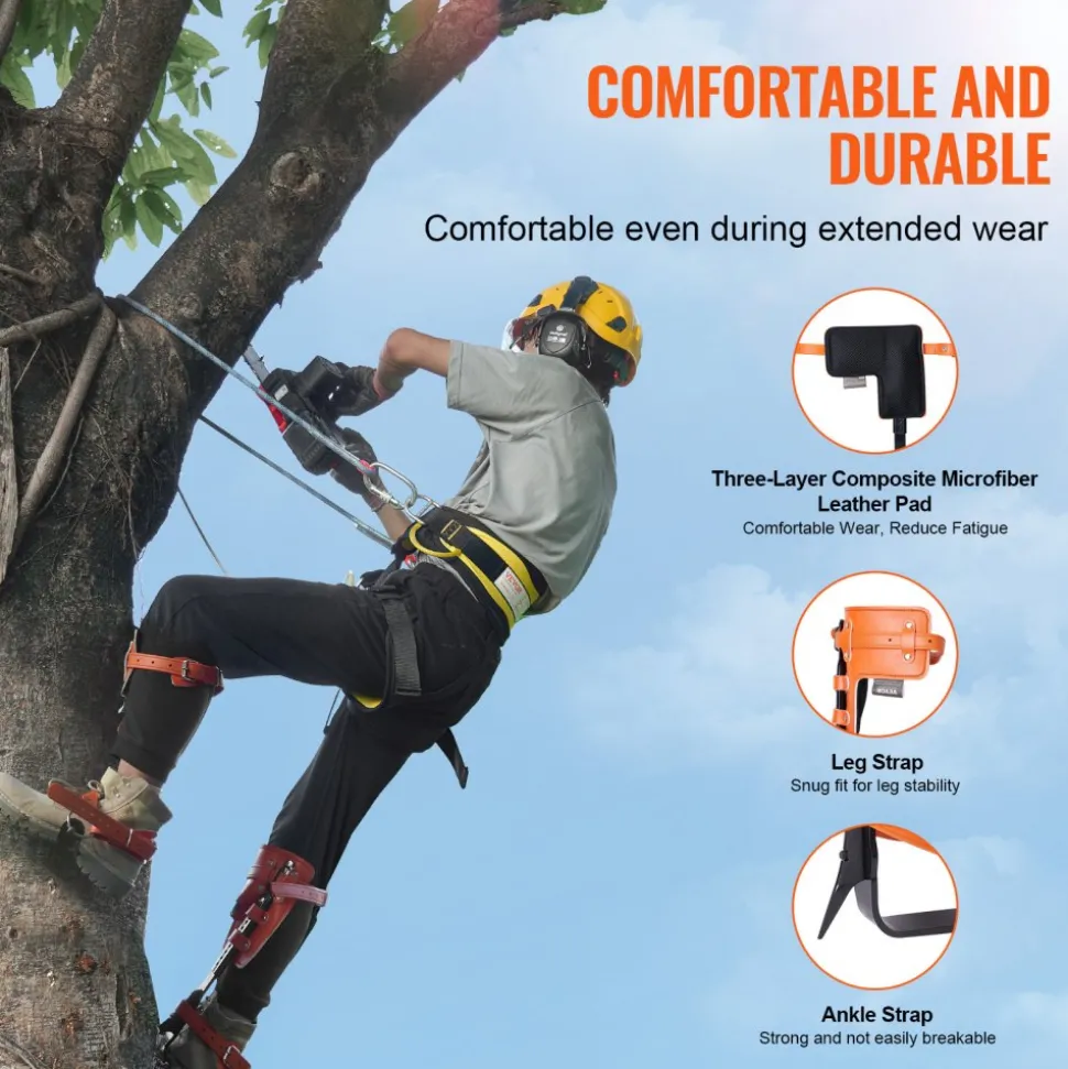 VEVOR Tree Climbing Spikes Set, 1 Pair Alloy Steel Climbing Spurs with Safety Rope and Safety Harness, 350lbs Load Capacity Tree Climbing Gear, Arborist Equipment for Climbers, Fruit Picking, Orange