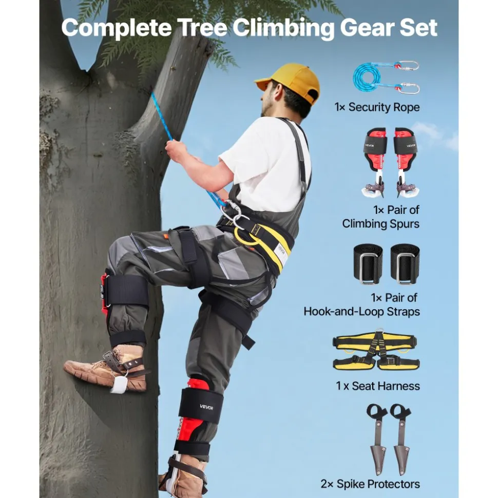VEVOR Tree Climbing Spikes Set, Height-Adjustable Tree Climbing Gear with Straps & Harness, 350 lbs Load Capacity, Heavy Duty Steel Climb Spurs Arborist Equipment for Fruit Picking Hunting