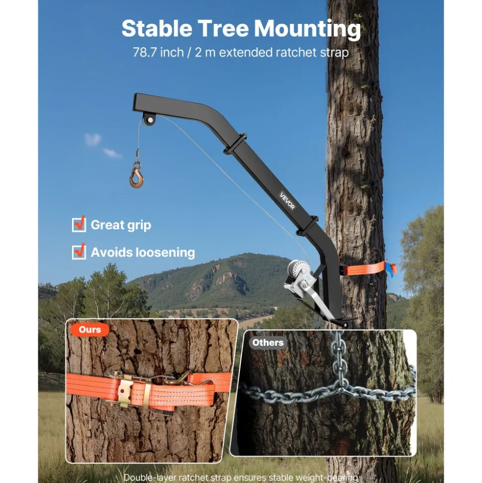 VEVOR Tree Mounted Deer Hoist, 353 lbs Load Capacity, Hunting Game Hoist Winch Lift with Ratchet Strap, Heavy Duty Deer Hanger for Skinning, Cleaning, Hanging Feed, and Field Dressing, Black