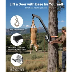 VEVOR Tree Mounted Deer Hoist, 353 lbs Load Capacity, Hunting Game Hoist Winch Lift with Ratchet Strap, Heavy Duty Deer Hanger for Skinning, Cleaning, Hanging Feed, and Field Dressing, Black