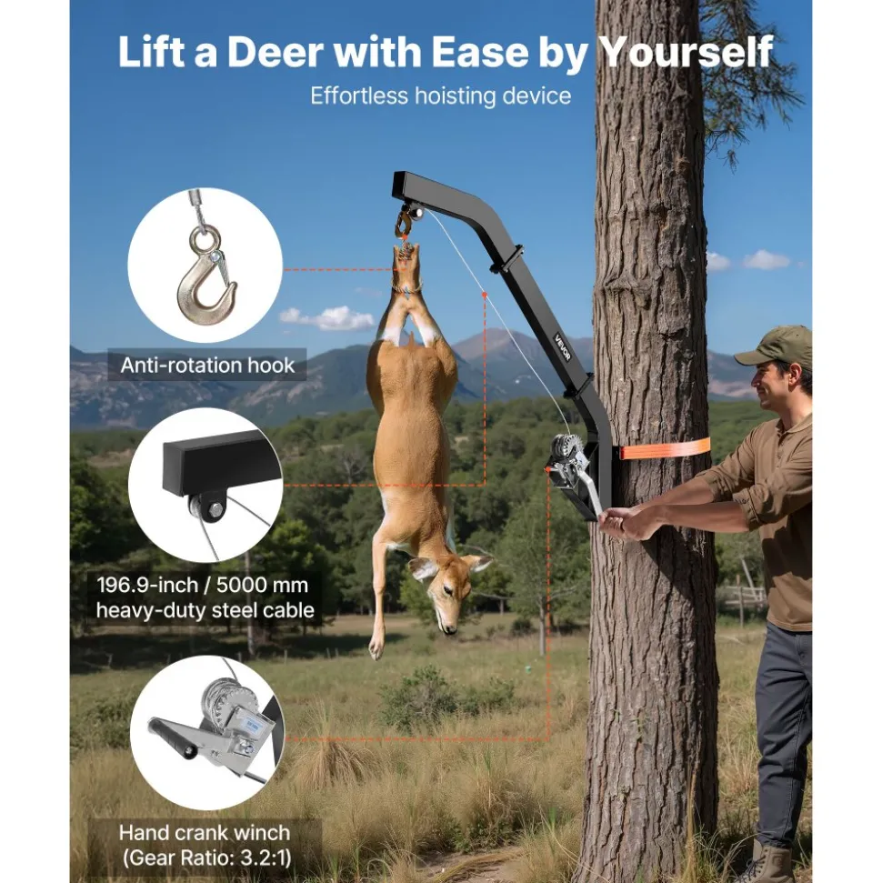 VEVOR Tree Mounted Deer Hoist, 353 lbs Load Capacity, Hunting Game Hoist Winch Lift with Ratchet Strap, Heavy Duty Deer Hanger for Skinning, Cleaning, Hanging Feed, and Field Dressing, Black
