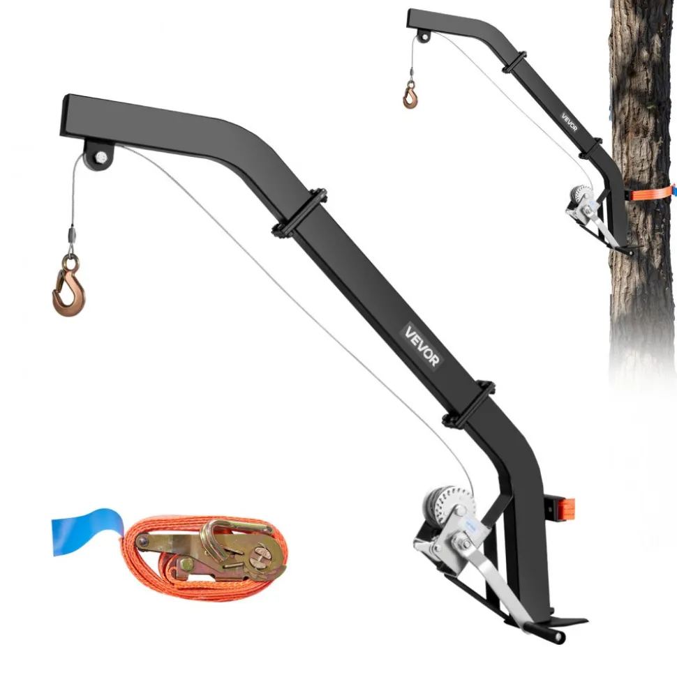 VEVOR Tree Mounted Deer Hoist, 353 lbs Load Capacity, Hunting Game Hoist Winch Lift with Ratchet Strap, Heavy Duty Deer Hanger for Skinning, Cleaning, Hanging Feed, and Field Dressing, Black