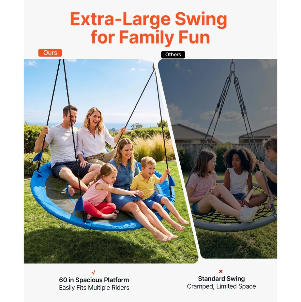 VEVOR Tree Swing 60" Saucer Swing for Kids & Adults 700 lbs Weight Capacity, for Backyard Outdoor & Indoor, 360° Rotation, 900D Oxford Fabric Round Seat with 2 Hanging Straps & Adjustable Ropes, Blue