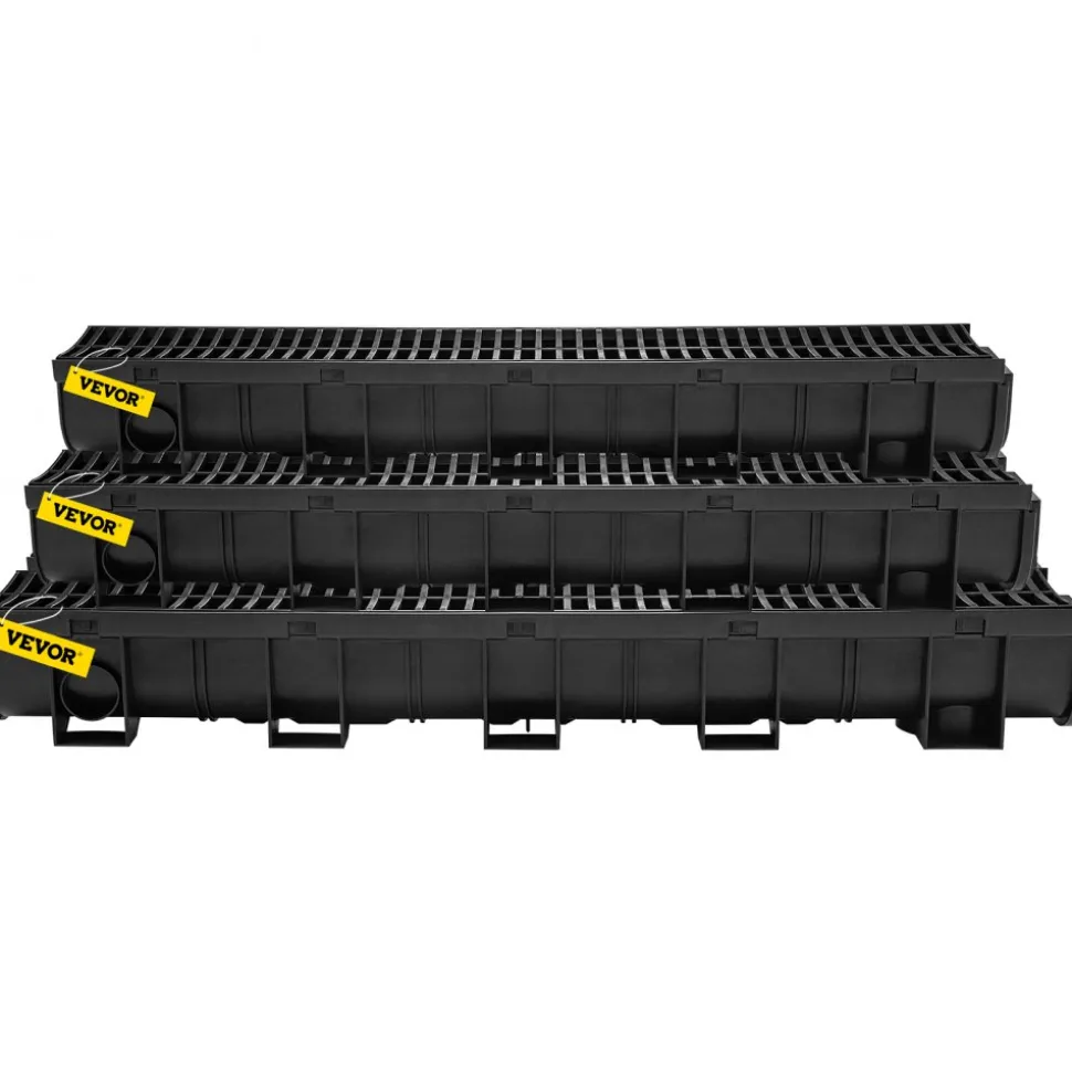 VEVOR Trench Drain System, Channel Drain with Plastic Grate, 5.9x5.1-Inch HDPE Drainage Trench, Black Plastic Garage Floor Drain, 6x39 Trench Drain Grate, with 6 End Caps, for Garden, Driveway-6 Pack