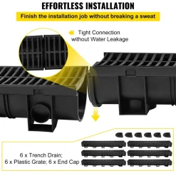 VEVOR Trench Drain System, Channel Drain with Plastic Grate, 5.9x5.1-Inch HDPE Drainage Trench, Black Plastic Garage Floor Drain, 6x39 Trench Drain Grate, with 6 End Caps, for Garden, Driveway-6 Pack