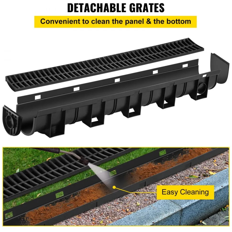 VEVOR Trench Drain System, Channel Drain with Plastic Grate, 5.9x5.1-Inch HDPE Drainage Trench, Black Plastic Garage Floor Drain, 6x39 Trench Drain Grate, with 6 End Caps, for Garden, Driveway-6 Pack