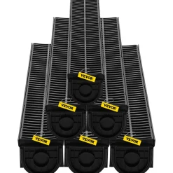 VEVOR Trench Drain System, Channel Drain with Plastic Grate, 5.9x5.1-Inch HDPE Drainage Trench, Black Plastic Garage Floor Drain, 6x39 Trench Drain Grate, with 6 End Caps, for Garden, Driveway-6 Pack