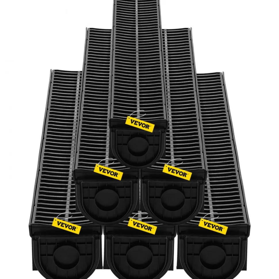 VEVOR Trench Drain System, Channel Drain with Plastic Grate, 5.9x5.1-Inch HDPE Drainage Trench, Black Plastic Garage Floor Drain, 6x39 Trench Drain Grate, with 6 End Caps, for Garden, Driveway-6 Pack