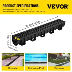 VEVOR Trench Drain System, Channel Drain with Plastic Grate, 5.9x5.1-Inch HDPE Drainage Trench, Black Plastic Garage Floor Drain, 6x39 Trench Drain Grate, with 6 End Caps, for Garden, Driveway-6 Pack