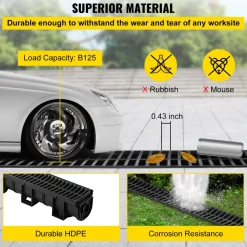 VEVOR Trench Drain System, Channel Drain with Plastic Grate, 5.9x5.1-Inch HDPE Drainage Trench, Black Plastic Garage Floor Drain, 6x39 Trench Drain Grate, with 6 End Caps, for Garden, Driveway-6 Pack
