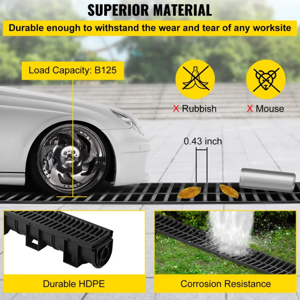 VEVOR Trench Drain System, Channel Drain with Plastic Grate, 5.9x5.1-Inch HDPE Drainage Trench, Black Plastic Garage Floor Drain, 6x39 Trench Drain Grate, with 6 End Caps, for Garden, Driveway-6 Pack