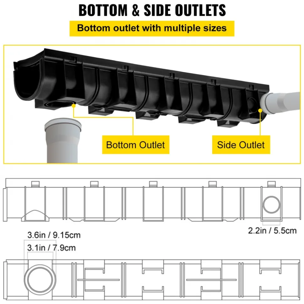 VEVOR Trench Drain System, Channel Drain with Plastic Grate, 5.9x5.1-Inch HDPE Drainage Trench, Black Plastic Garage Floor Drain, 6x39 Trench Drain Grate, with 6 End Caps, for Garden, Driveway-6 Pack