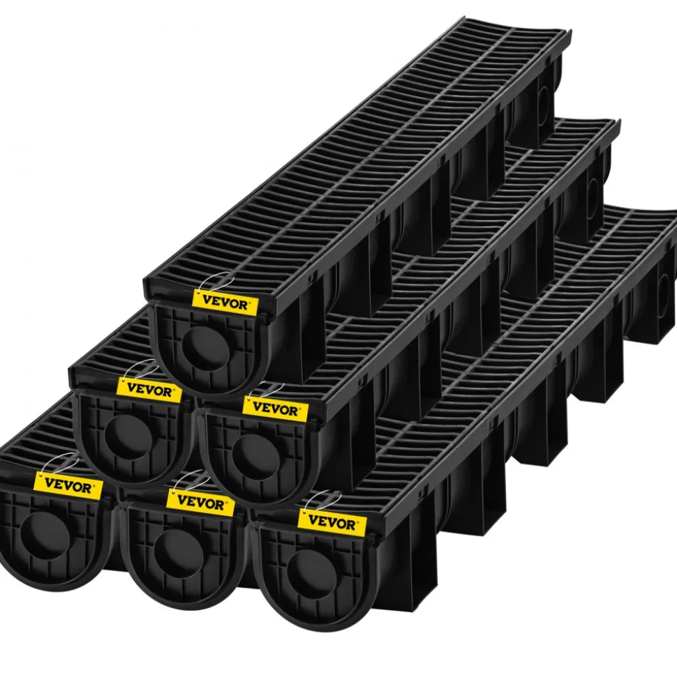 VEVOR Trench Drain System, Channel Drain with Plastic Grate, 5.9x5.1-Inch HDPE Drainage Trench, Black Plastic Garage Floor Drain, 6x39 Trench Drain Grate, with 6 End Caps, for Garden, Driveway-6 Pack