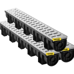 VEVOR Trench Drain System, Channel Drain with Metal Grate, 5.9x5.1-Inch HDPE Drainage Trench, Black Plastic Garage Floor Drain, 3x39 Trench Drain Grate, with 3 End Caps, for Garden, Driveway-3 Pack