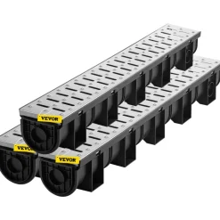 VEVOR Trench Drain System, Channel Drain with Metal Grate, 5.9x5.1-Inch HDPE Drainage Trench, Black Plastic Garage Floor Drain, 3x39 Trench Drain Grate, with 3 End Caps, for Garden, Driveway-3 Pack