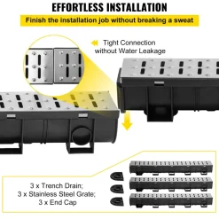 VEVOR Trench Drain System, Channel Drain with Metal Grate, 5.9x5.1-Inch HDPE Drainage Trench, Black Plastic Garage Floor Drain, 3x39 Trench Drain Grate, with 3 End Caps, for Garden, Driveway-3 Pack