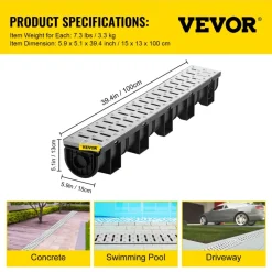 VEVOR Trench Drain System, Channel Drain with Metal Grate, 5.9x5.1-Inch HDPE Drainage Trench, Black Plastic Garage Floor Drain, 3x39 Trench Drain Grate, with 3 End Caps, for Garden, Driveway-3 Pack