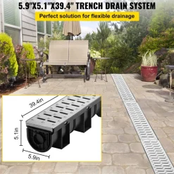 VEVOR Trench Drain System, Channel Drain with Metal Grate, 5.9x5.1-Inch HDPE Drainage Trench, Black Plastic Garage Floor Drain, 3x39 Trench Drain Grate, with 3 End Caps, for Garden, Driveway-3 Pack