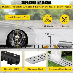 VEVOR Trench Drain System, Channel Drain with Metal Grate, 5.9x5.1-Inch HDPE Drainage Trench, Black Plastic Garage Floor Drain, 3x39 Trench Drain Grate, with 3 End Caps, for Garden, Driveway-3 Pack