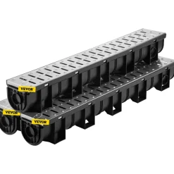 VEVOR Trench Drain System, Channel Drain with Metal Grate, 5.9x5.1-Inch HDPE Drainage Trench, Black Plastic Garage Floor Drain, 3x39 Trench Drain Grate, with 3 End Caps, for Garden, Driveway-3 Pack