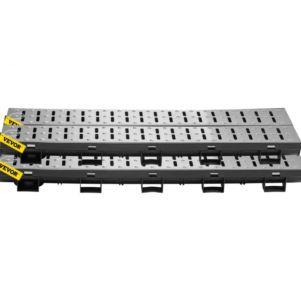 VEVOR Trench Drain System, Channel Drain with Metal Grate, 5.7x3.1-Inch HDPE Drainage Trench, Black Plastic Garage Floor Drain, 5x39 Trench Drain Grate, with 5 End Caps, for Garden, Driveway-5 Pack