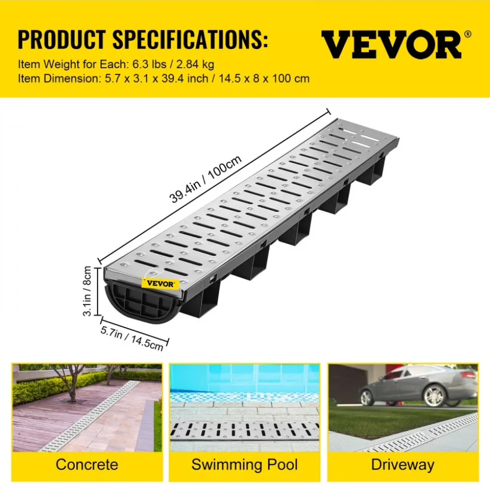 VEVOR Trench Drain System, Channel Drain with Metal Grate, 5.7x3.1-Inch HDPE Drainage Trench, Black Plastic Garage Floor Drain, 5x39 Trench Drain Grate, with 5 End Caps, for Garden, Driveway-5 Pack