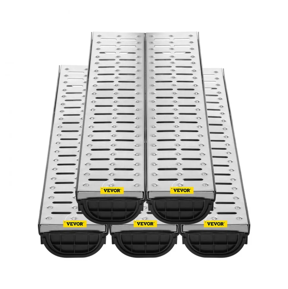 VEVOR Trench Drain System, Channel Drain with Metal Grate, 5.7x3.1-Inch HDPE Drainage Trench, Black Plastic Garage Floor Drain, 5x39 Trench Drain Grate, with 5 End Caps, for Garden, Driveway-5 Pack