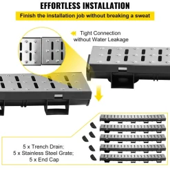 VEVOR Trench Drain System, Channel Drain with Metal Grate, 5.7x3.1-Inch HDPE Drainage Trench, Black Plastic Garage Floor Drain, 5x39 Trench Drain Grate, with 5 End Caps, for Garden, Driveway-5 Pack