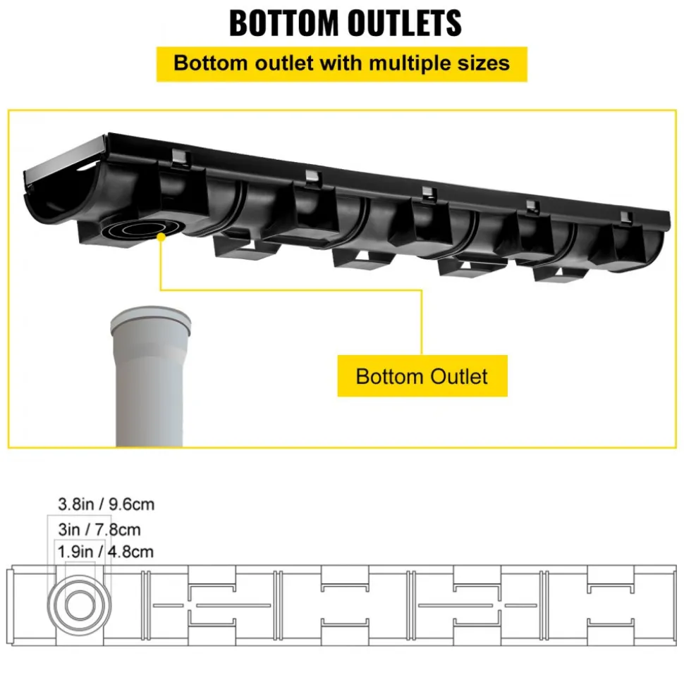 VEVOR Trench Drain System, Channel Drain with Metal Grate, 5.7x3.1-Inch HDPE Drainage Trench, Black Plastic Garage Floor Drain, 5x39 Trench Drain Grate, with 5 End Caps, for Garden, Driveway-5 Pack