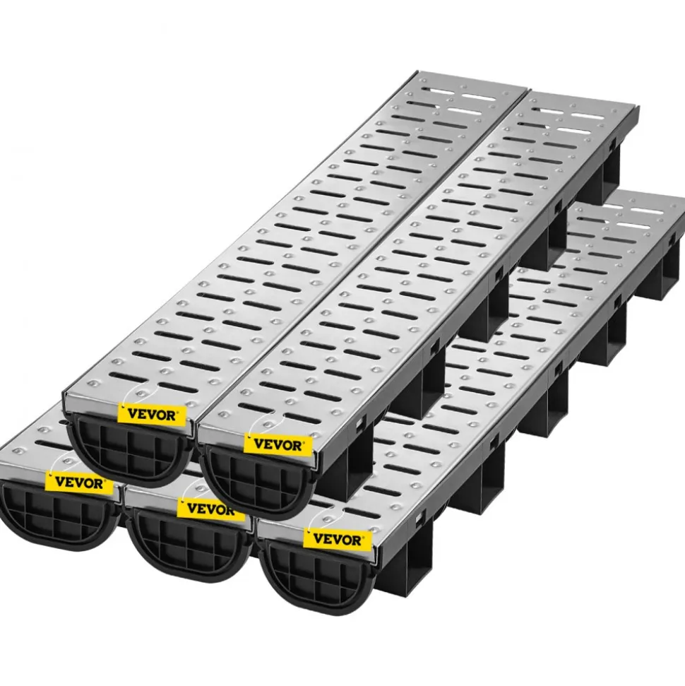 VEVOR Trench Drain System, Channel Drain with Metal Grate, 5.7x3.1-Inch HDPE Drainage Trench, Black Plastic Garage Floor Drain, 5x39 Trench Drain Grate, with 5 End Caps, for Garden, Driveway-5 Pack