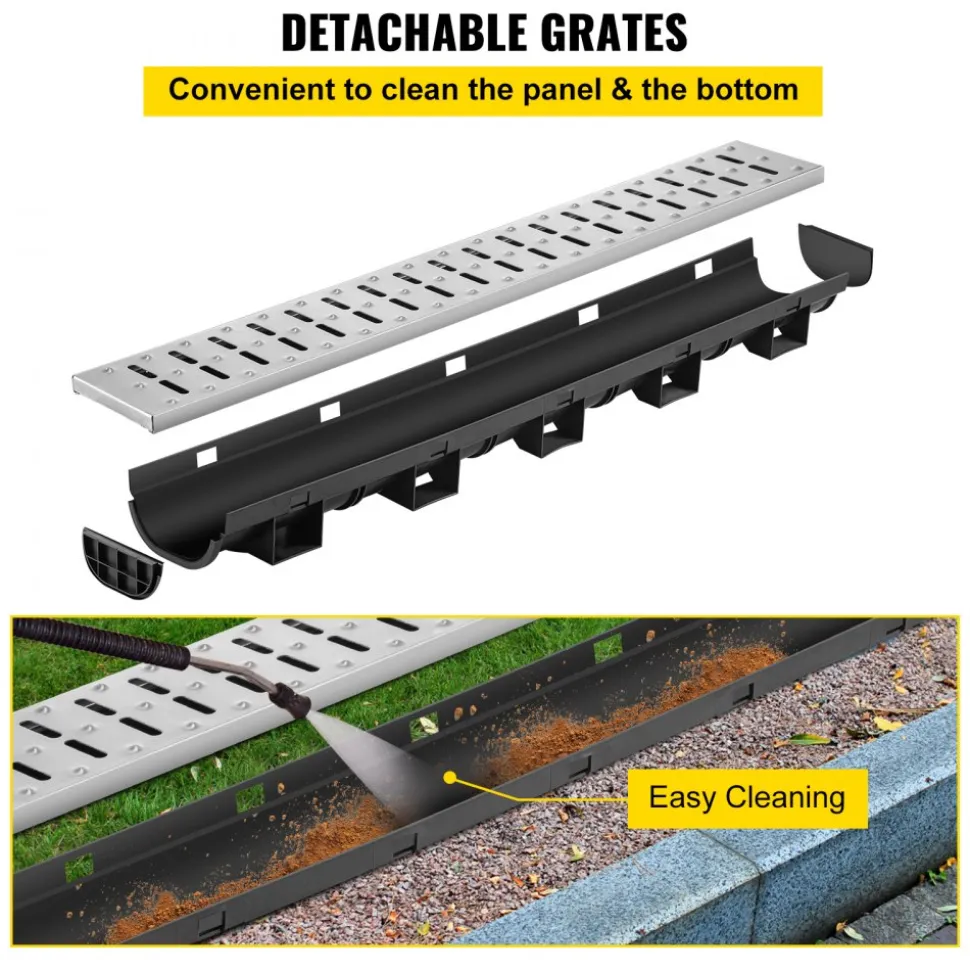 VEVOR Trench Drain System, Channel Drain with Metal Grate, 5.7x3.1-Inch HDPE Drainage Trench, Black Plastic Garage Floor Drain, 5x39 Trench Drain Grate, with 5 End Caps, for Garden, Driveway-5 Pack