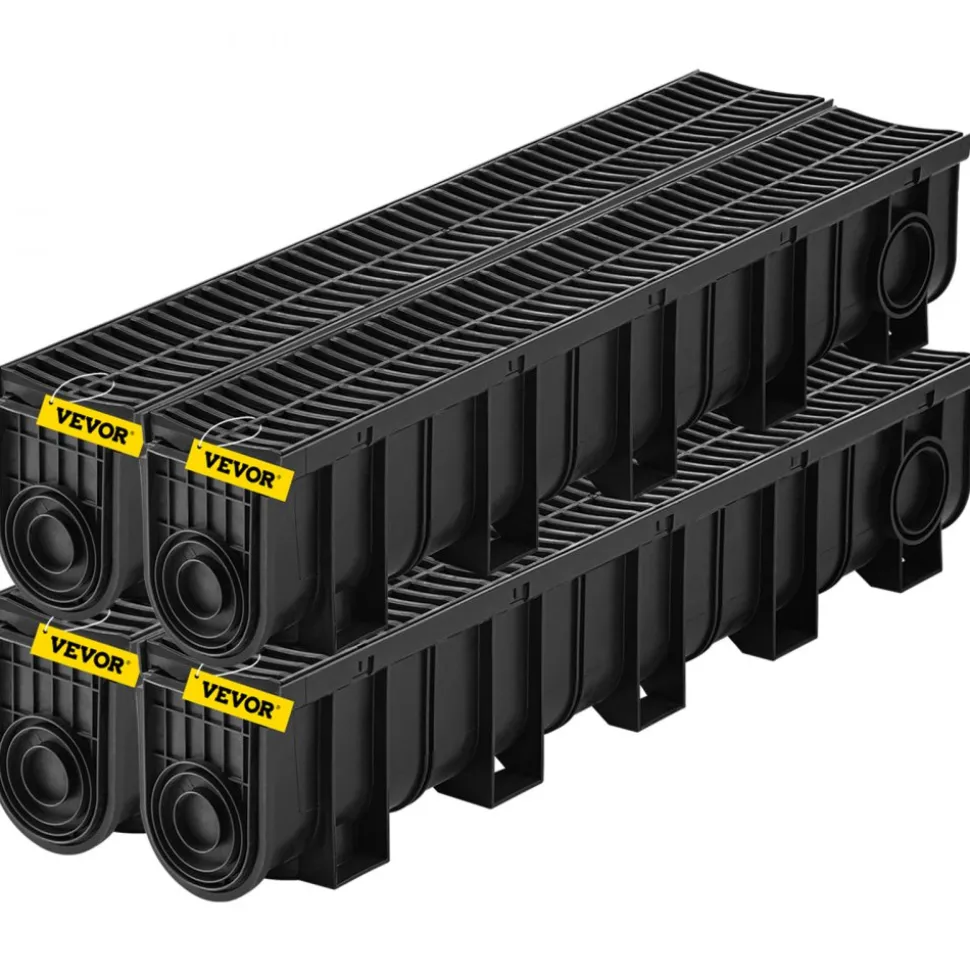 VEVOR Trench Drain System, Channel Drain with Plastic Grate, 5.9x7.5-Inch HDPE Drainage Trench, Black Plastic Garage Floor Drain, 4x39 Trench Drain Grate, with 4 End Caps, for Garden, Driveway-4 Pack